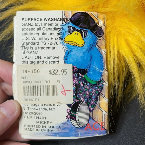 Vintage 1988 Googles by Ganz Mickey Duck Baseball Plush Stuffed Animal 80s Retro - Picture 8 of 14